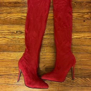 Red suede thigh high boots